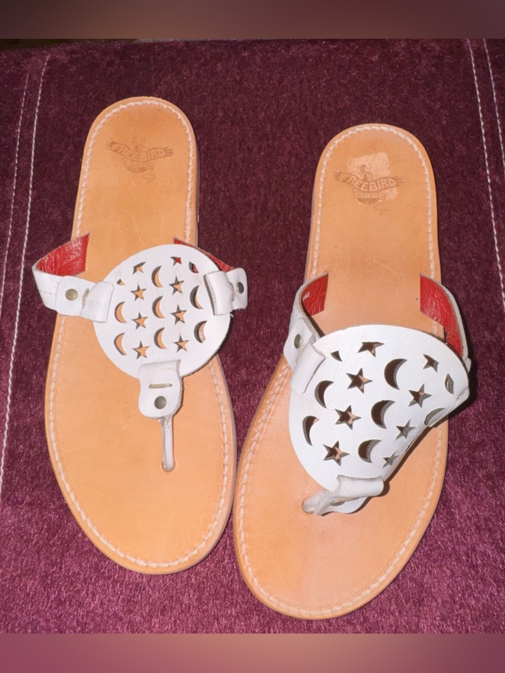 Freebird Vallarta Women’s 11 White Leather Star Moon Cutout Flip Flop Sandals